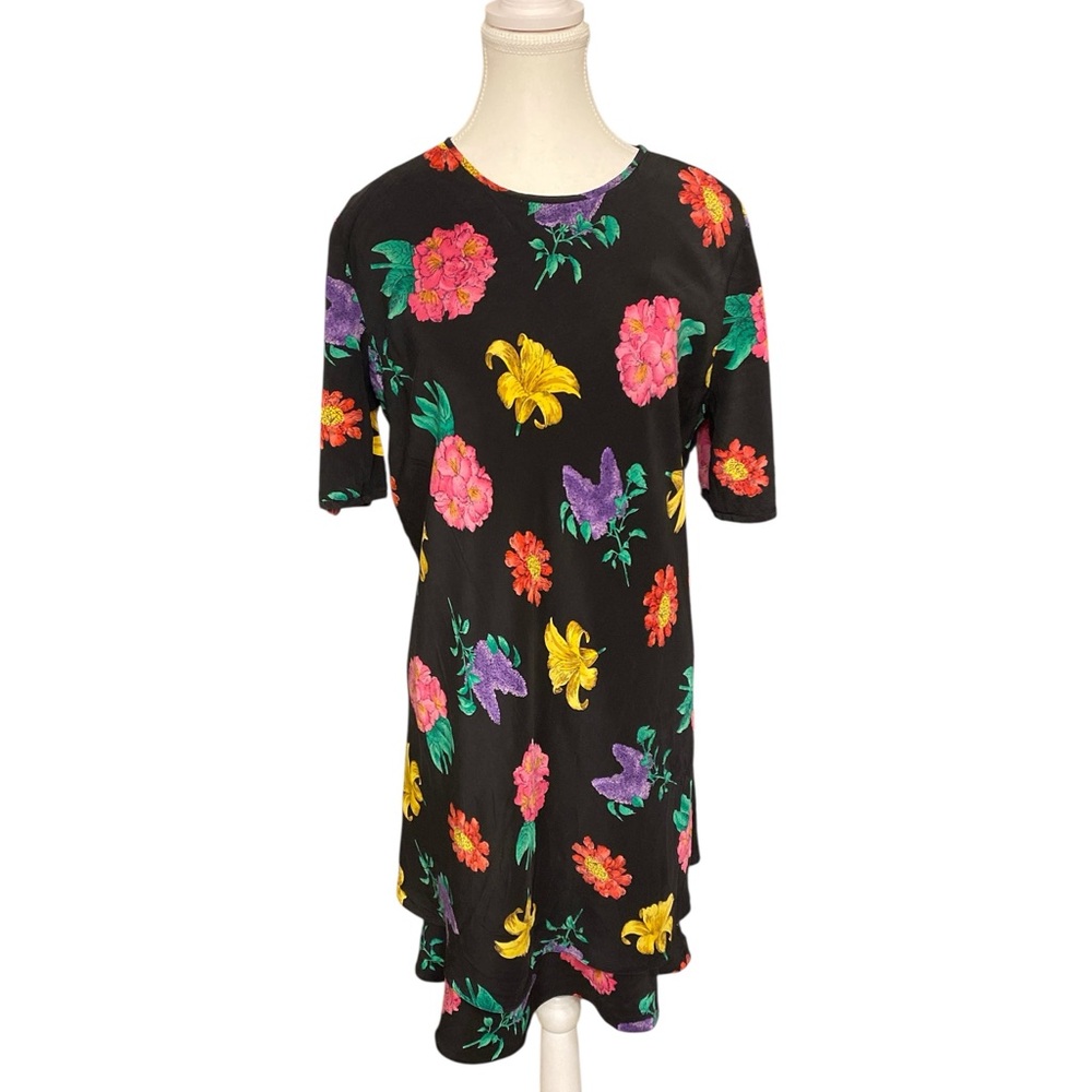 Vintage Liz Claiborne Black Floral Ruffle Hem Dress Short Sleeve Size 12 - Picture 2 of 12